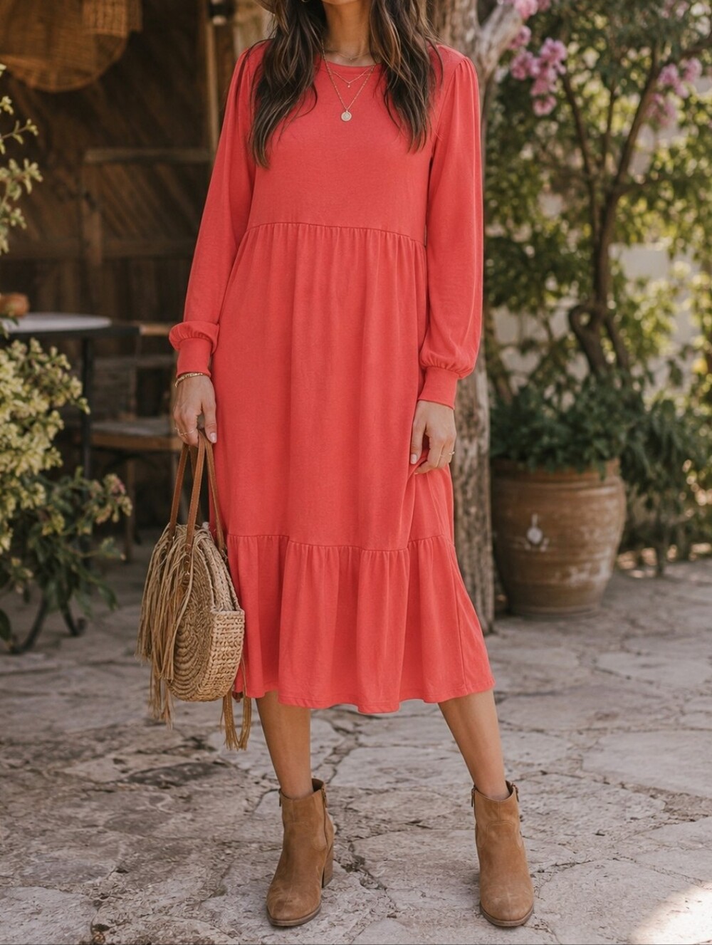 NWT Joe Fresh Coral Tiered Long Sleeve Midi Dress | Crew Neck Soft Knit Casual